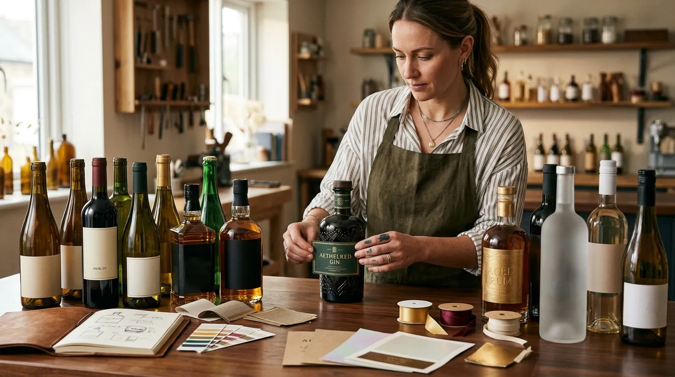 Femme examinant une bouteille de gin dans un atelier de design